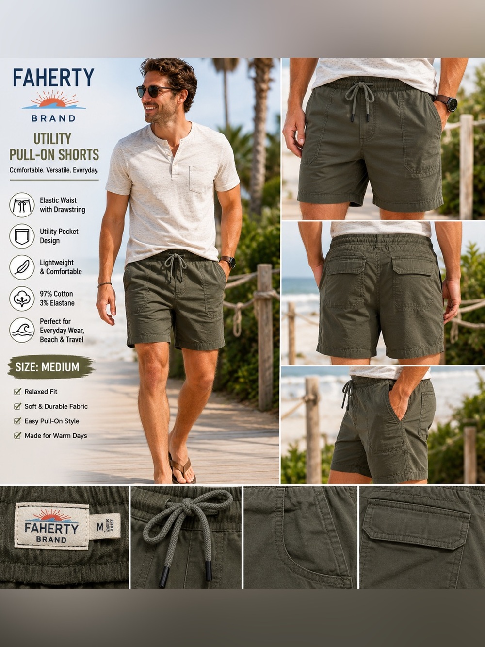 Faherty Brand Men's Olive Green Pull On Utility Shorts Size Medium Elastic Waist